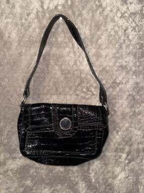 Emilie M. Black Faux Croc Textured Vegan Leather Shoulder Bag  Striped Lining